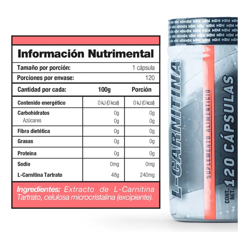 Mdn L-carnitina, 120 Cpsulas, 240mg Carnitina Tartrato Sin Sabor