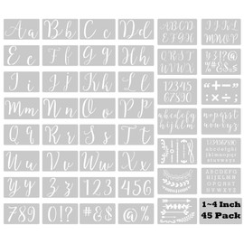Ornaous 45 Pcs Plastic Cursive Letter Stencils for Painting, Reusable Fancy Alphabet Calligraphy Templates with Numbers, Signs, Patterns for Painting on Wood Wall DIY Crafts