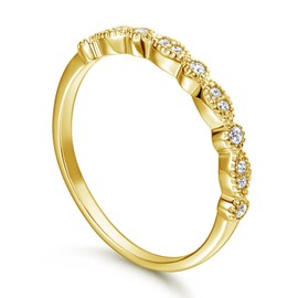 LOVECORE 14K Gold Plated Wedding Band Cubic Zirconia Marquise & Round Milgrain Half Eternity Stackable Ring for Women Size 5-9 (Gold, 7)