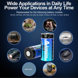 anegine CR123A 3V Lithium Battery 1650mAh, 123A Lithium Batteries 10 Years Shelf Life CR123 3 Volt High Power CR17345 CR17335 Non-Rechargeable (40 Pack)