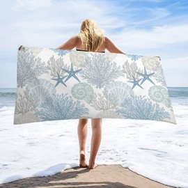 Coastal Starfish Beach Towel Summer Ocean Shells Coral Print Proable Soft Washcloths Quick Dry Luxury Home Party Swim Gym Bathroom Holiday 31x63 Inch,Blue