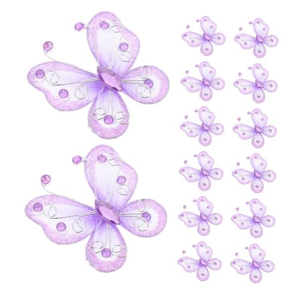 Operitacx 24Pcs Sheer Organza Butterflies Elegant Purple Wire Glitter Decorations