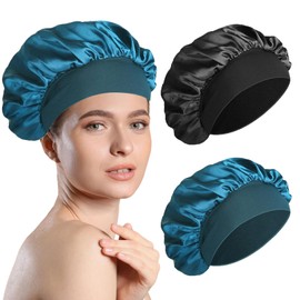 Pack of 2 Silk Hood for Sleeping, Silk Sleeping, Silk Bonnet Sleep Cap, Soft, Comfortable, Satin Hair Cap for Night Women, Sleep Cap Hair Protect and Dry, Shower Cap with Elastic Band, Blue + black