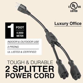 2 Way Power Splitter and 1' Extension Cord - 1 to 2 Cable Strip with 3 Pronged Outlet and Y Style Extension Cord – 5 Pack - Black - SJT 16 AWG – by Luxury Office
