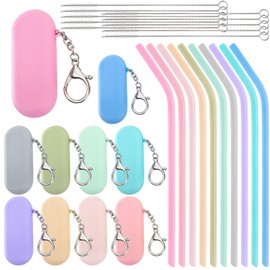 Acshio Set of 10 Silicone Straws with Case, Reusable Collapsible Angled Straws Travel Straws with Cleaning Brushes, Portable Foldable Drinking Straw for Home, Office, Party, 10 Color