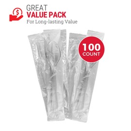 2X Heavy Duty Clear Plastic Spoons Individually Wrapped 100 Count, Sturdy Like Silverware, Perfect for Event Catering, Party, and Take out.