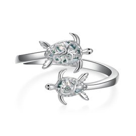 Peireara Sea Turtle Ring 925 Sterling Silver Mother Daughter Rings Adjustable Moss Agate Ocean Animal Ring Sea Turtle Jewelry Gifts for Women