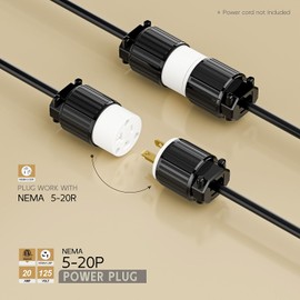 USA 3-Prong Male AC Plug, ETL Nema 5-20P 3 Pole Straight T- Blade DIY Rewirable, 20A 125V USA 3Pin AC Connector, Nema 5-20 Male US 3Pole Power Plug, Black