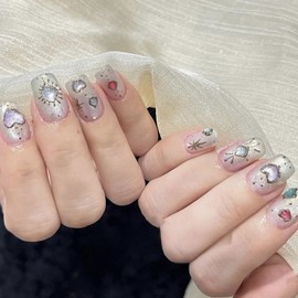 BQZQPAMZ 10Pcs Glitter Press on Nails Short Square Purple Blue Gem False Nails Hot Stamping Design Glossy Full Coverage Acrylic Nails for Women Reusable Summer Manicure