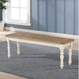 Roundhill Furniture Prato Two-Tone Wood Upholstered Dining Bench, Antique White and Distressed Oak
