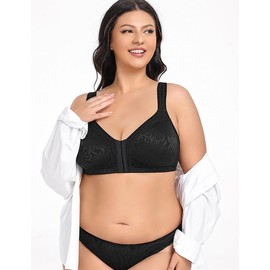 WingsLove Front Fastening Bras for Women Minimizer Wireless Non Padded Full Coverage Back Support Plus Size Bras (Black,40G)