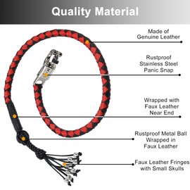 Dream Apparel 36" Motorcycle Get Back Whip Genuine Leather Biker Whip for Handlebar, Motorcycle Whip with Fringes and Skulls, Black and Red