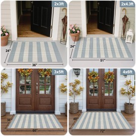 OJIA Outdoor Porch Rug Front Door Mat 24'x51, Washable Checkered Entry Striped Front Door Rug Cotton Woven Kitchen Carpet Small Area Rug for Entryway Patio Bedroom Bathroom (Blue/White/Tan)