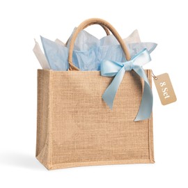 JollyFayre 8 Set Bridesmaid Bag with Blue Ribbon and Tissue Paper, Reusable Burlap Tote Gift Bags for Wedding, Bridal, Bachelorette Party, Beach