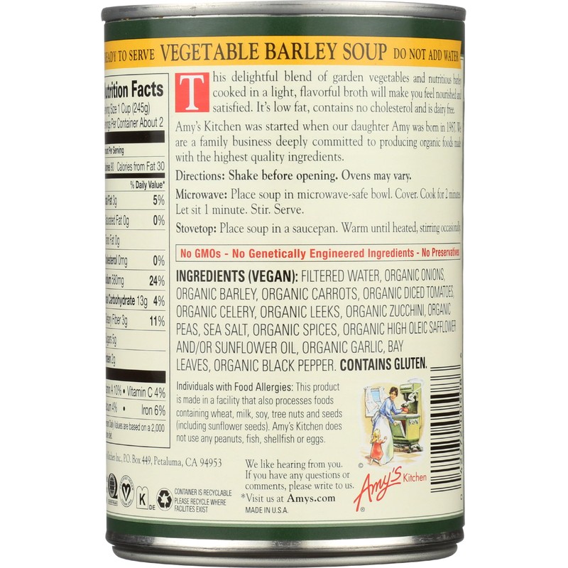 Amy's Organic Soups, Low Fat Vegetable Barley, 14.1 Ounce