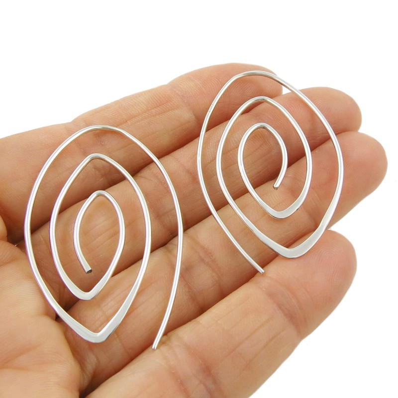 Solid Polished 925 Sterling Silver Spiral Threader Drop Earrings