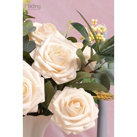 MACTING 60pcs Artificial Rose Flowers, Real Touch Fake Flower with Stems, Foam Roses Bouquets Wedding Party Baby Shower Home Decorations(Cream)