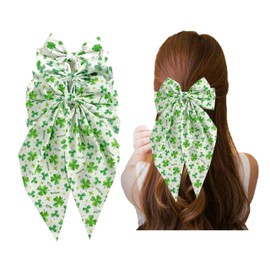 Green Four-leaf Clover Printed Bow Spring Clip for St. Patrick's Day Party, Long Tails and Ponytail Barrettes Hair Bow Decoration(SPJ11) (Green A)