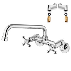 Airuida Chrome Polish Wall Mount Kitchen Faucet 9 Inch Spout Reach Adjustable Center Double Cross Handles 3 Inch to 8.7 Inch Hot and Cold Water Mixer Tap 360 Rotatable Faucet