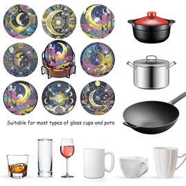 Miawtro 8 PCS Moon Diamond Art Coasters, Diamond Painting Coasters with Holder, Diamond Art Coasters Kits, Art Crafts for Adults, Kids Diamond Art Craft Supplies