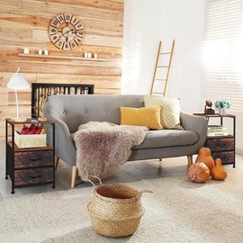 2-Piece End Table Nightstand with Charging Station and Fabric Drawer Heavy Duty,2-Ply Fabric Drawer - Plug - Black Stain Resistant - Color: Brown