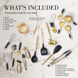 Black and Gold Kitchen Utensils Set - 23 Piece Luxe Black and Gold Kitchen Accessories Include Gold Measuring Cups and Spoons, Silicone Cooking Utensils, and Gold Kitchen Tools