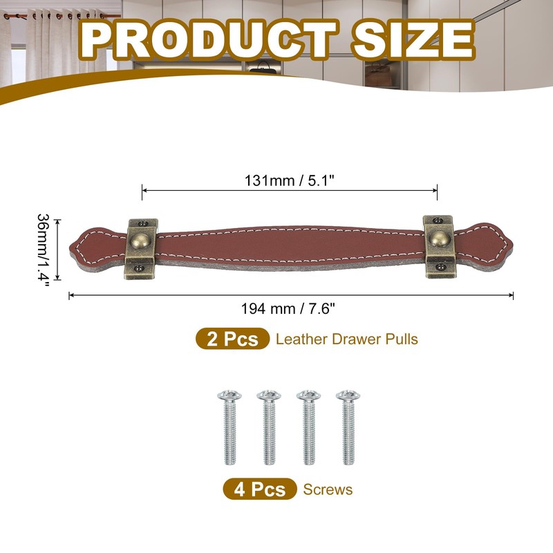PATIKIL 5.7" Leather Drawer Pulls with Iron Sheet, 2 Pcs
