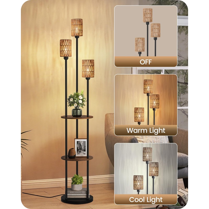 GOEBLESON Floor Lamp with Shelves, Boho Floor Lamp with Foot