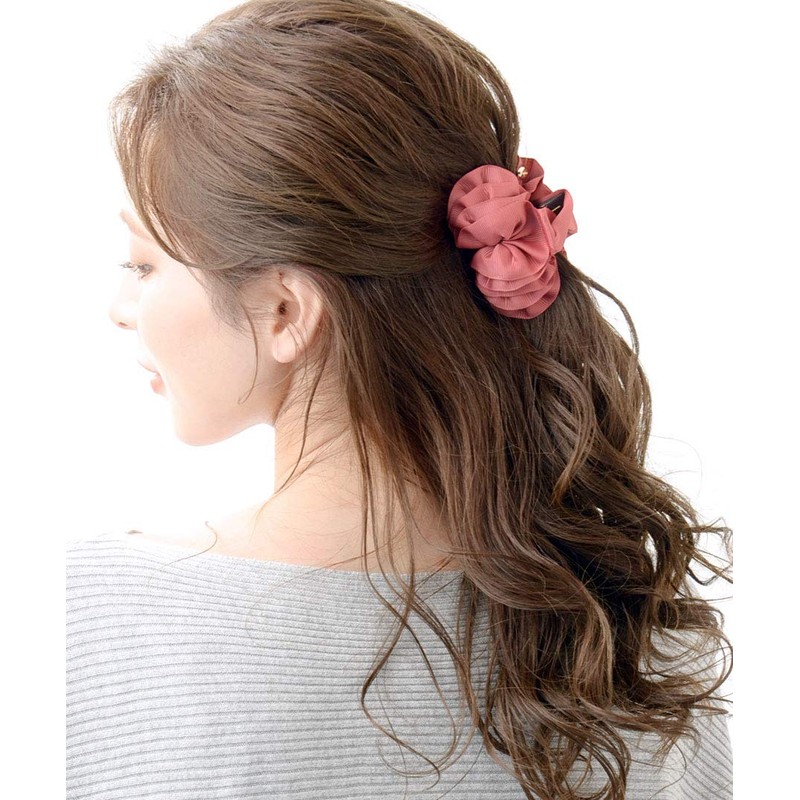 VINGTAINE H-719-PK Grosgrain Ruffle Hair Claw Hair Clip, Volume, Simple,