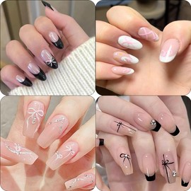 6Sheets Star Bow Nail Stickers 3D Self Adhesive Black White Pink Bows Heart Nail Decals Lace French Tip Nails Art Stickers Cute Bow Charms Sticker Star Nails Design Supplies for Women Girls Manicure