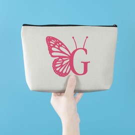 AOZHUO Initial Makeup Bags for Women Lined Monogram Cosmetic Bag Birthday Gifts for Women Girls Bridesmaid Best Friends Sisters, Travel Toiletry Bag, Pink Butterfly Letter G