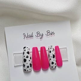 [Handmade Nail Tips] Hot Pink Cow Nails - Almond / [수제네일팁] 핫핑크 카우 네일 - 아몬드