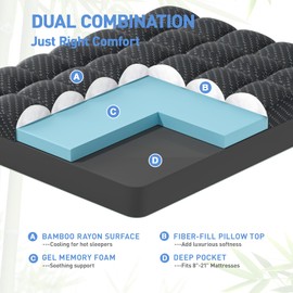 Dual Layer 3 Inch Memory Foam Mattress Topper Queen Size, 2 Inch Cooling Gel Memory Foam Plus 1 Inch Pillow Top Mattress Pad Cover, with 8-21 Inch Deep Pocket, Black