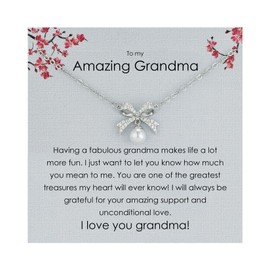 Famdecor Necklace for Grandma Gifts Rhinestone Silver Bow Knot Pearl Necklace for Grandma Birthday Gifts Mothers Day Gifts for Grandma Generation Gifts