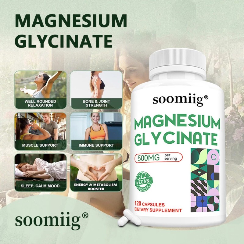 SOOMIIG Magnesium Glycinate 120 Capsules - Improves mood and sleep,