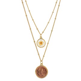American Coin Treasures Double Chain Necklace Ring Tailed Possum Coin Pendant with Dried Flower Charm | Saturn Style 18 and 16 Inch Goldtone Chain | Certificate of Authenticity