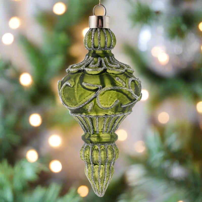 Karma, Christmas Hanging Ornament, Silver Glitter Leaf Scroll Glass Finial