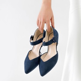 RIBONGZ Navy Comfortable Kitten Heels Suede Ankle Strap Buckle Prom Low Heels for Women Closed Pointed Toe Slip on Pumps Church Wedding Bridal Party Dressy Shoes 8.5