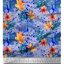 Soimoi Orange Cotton Canvas Fabric Leaves,Tropical Floral & Peacock Bird Printed Fabric 1 Yard 56 Inch Wide