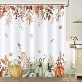 Bonhause Fall Pumpkins Shower Curtain, Autumn Leaves Thanksgiving Harvest Bathroom Curtain 72x72 Inch Polyester Fabric Waterproof Bath Curtain with 12 Hooks