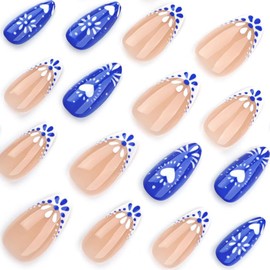 Blue White Totem Press on Nails French Tip Fake Nails Short Almond False Nail with Design Heart Glue on Nails Glossy Artificial Acrylic Full Cover Nude Stick on Nail for Women Manicure 24Pcs