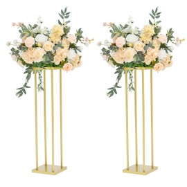 VINCIGANT 2pcs 31.5inch Rectangular Gold Metal Wedding Flower Stand Vase Column Stand Geometric Centerpiece Flower Display Rack for T-Stage Party Event, Home, Party Decorations
