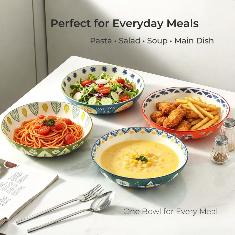 CINAIMPRESSION 9Inch Pasta Bowls Set of 4, HandPainted Ceramic, Mix