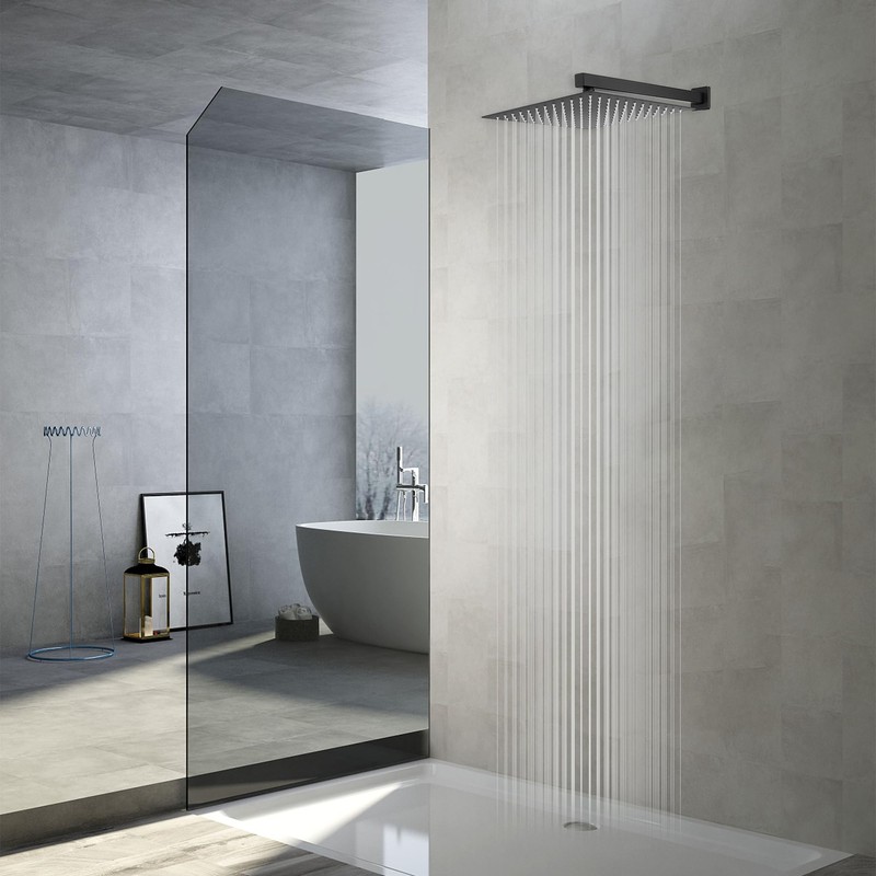 Rain Shower Head Black with Extension Arm 12 Inch Square