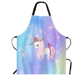 Beabes Pink Unicorn Chef Apron 27 X 31 Inch Beauty Flower Wreath Shy Long Mane Rainbow Star Sky Non-Pilling Bib Apron for BBQ Grilling Gardening with Adjustable Neck Strap