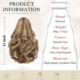 SOFEIYAN Ponytail Extension 11 inch Claw Clip Ponytail Hair Extensions Long Curly Wavy Ponytail Fluffy Clip on Pony Tails Synthetic Hairpiece for Women，Brown & Blonde