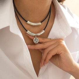 Chargances Layered Leather Coin Pendant Necklace Vintage Black Suede Choker Silver Bamboo Chain Necklace Jewelry for Women, open size, Rhinestone, Crystal