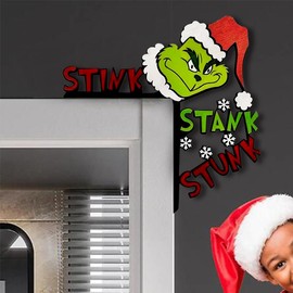 Griinch Christmas Door Frame Decorations, Funny Griinch Christmas Door Corner Topper Sitter Decor Snowflake Ornaments Wooden Sign, Farmhouse Xmas Decor for Window TV Mantel Cabinet Mirror