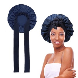 Fc'Noqgn Silk Sleep Cap, Silk Cap, Adjustable Silk Hat, Sleep Cap, Silk Sleeping Hat, Women's Satin Hat, Satin Cap, Sleep Cap, Dark Blue, black