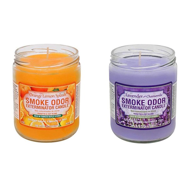 Smoke Odor Exterminator Candle Orange Lemon Splash 13 Oz with 13 Oz Lavender Chamomile